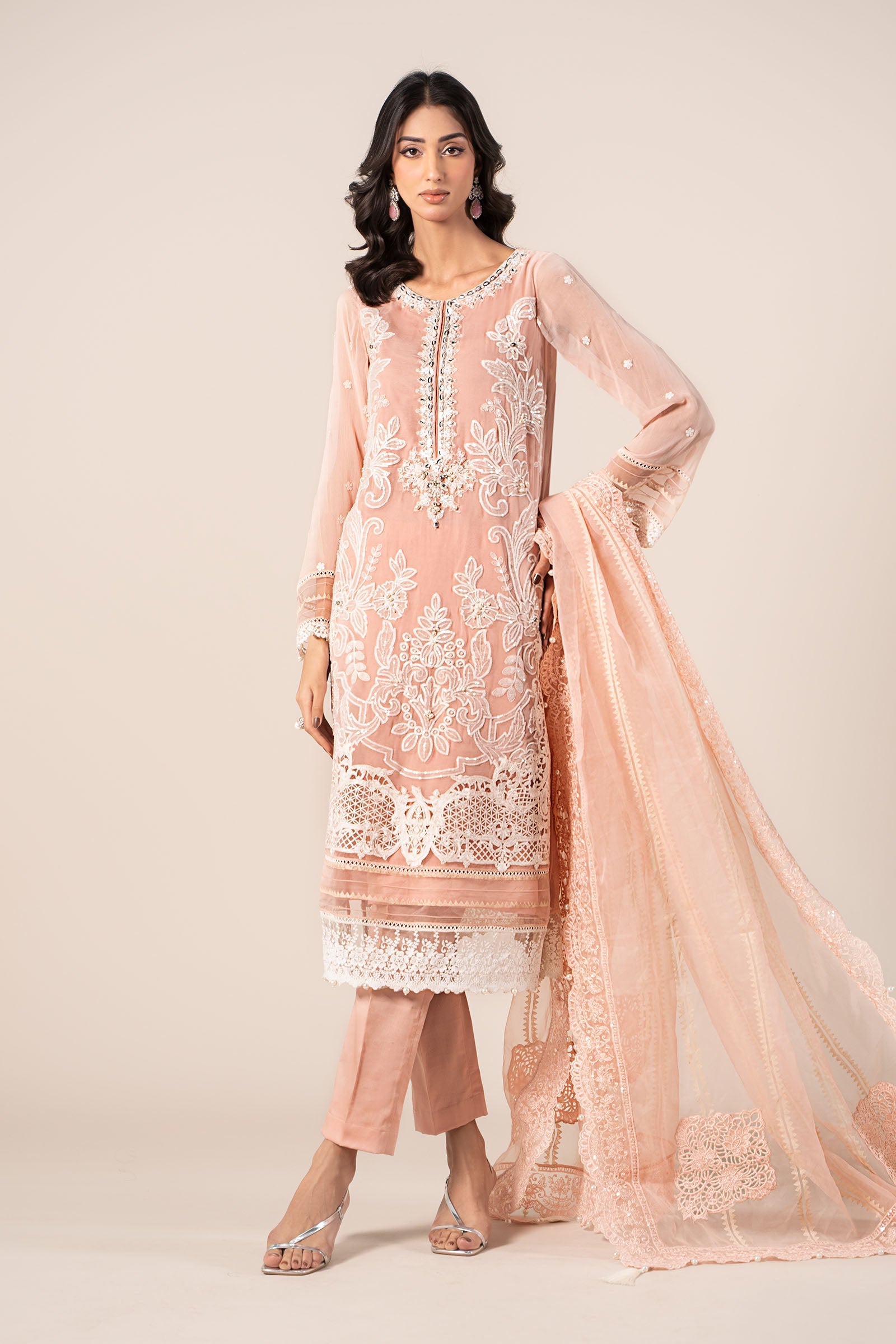 Pakistani Peach Embroidered Blackwood Chiffon 3-Piece Suit - Image 8