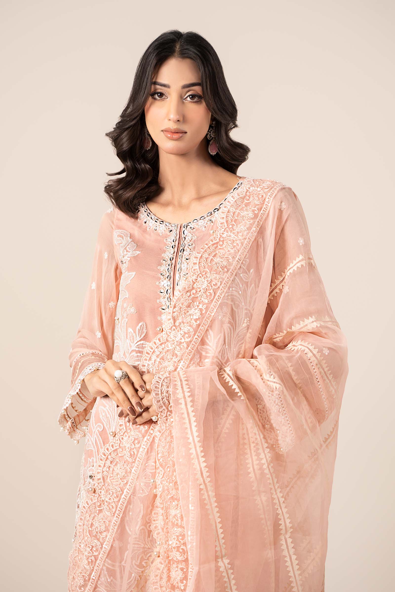 Pakistani Peach Embroidered Blackwood Chiffon 3-Piece Suit - Image 9