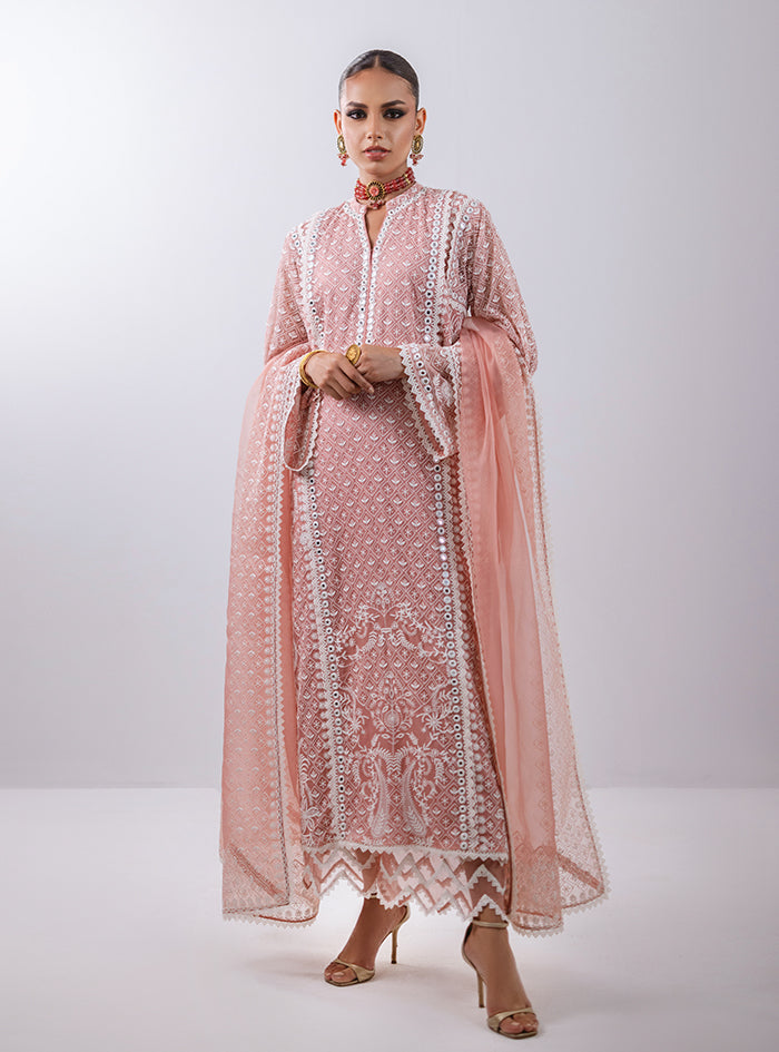 Pakistani Peachy Pink Embroidered Pure Chiffon Kameez (3-Piece) - Image 1