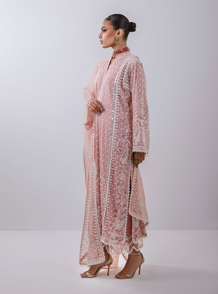 Pakistani Peachy Pink Embroidered Pure Chiffon Kameez (3-Piece) - Image 7