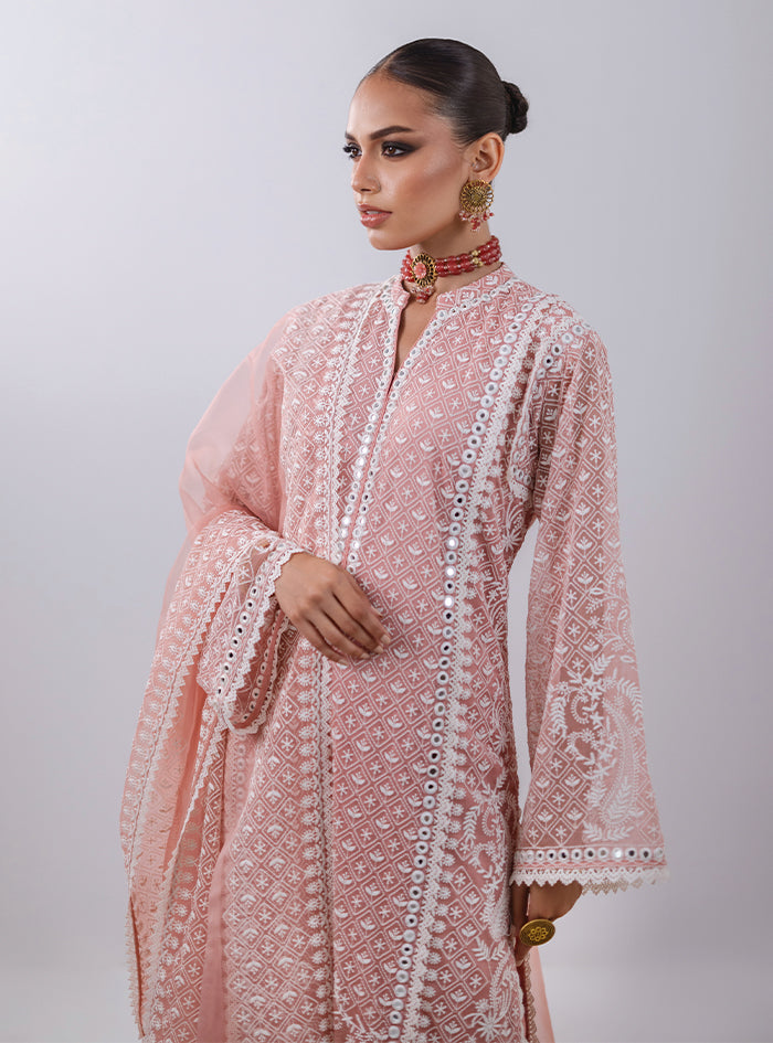 Pakistani Peachy Pink Embroidered Pure Chiffon Kameez (3-Piece) - Image 8