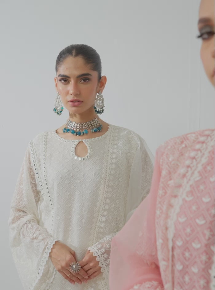 Pakistani Peachy Pink Embroidered Pure Chiffon Kameez (3-Piece) - Image 9