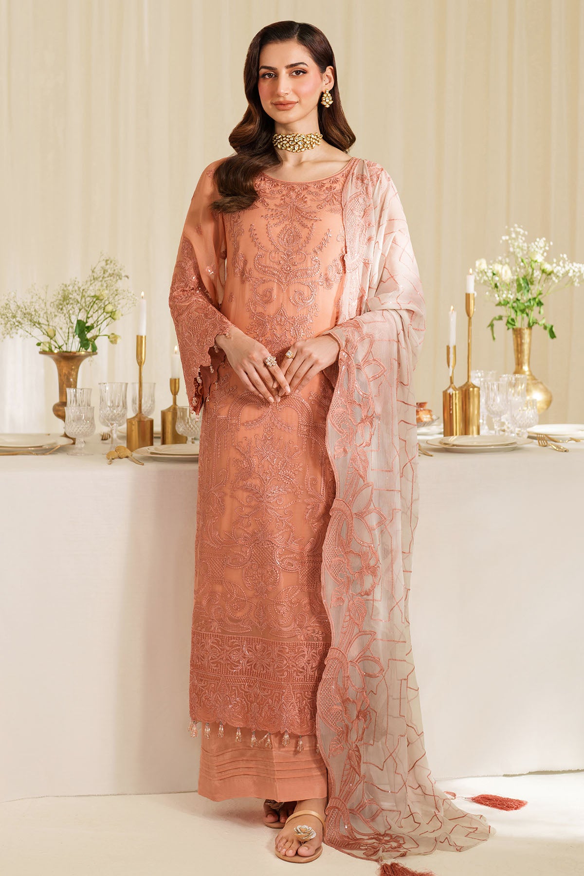 Peach Embroidered Chiffon Salwar Kameez (3-Piece) - Image 1