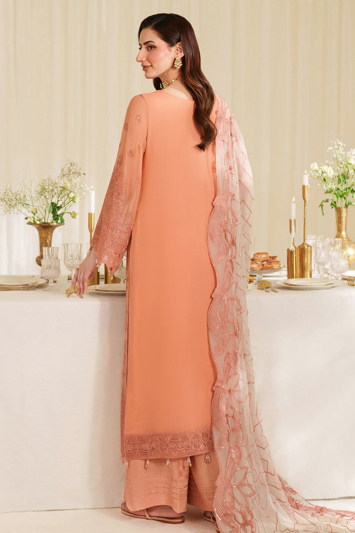 Peach Embroidered Chiffon Salwar Kameez (3-Piece) - Image 3