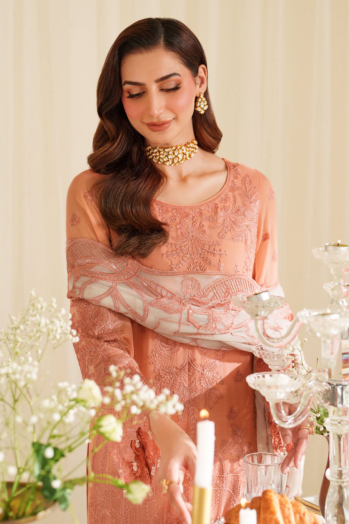 Peach Embroidered Chiffon Salwar Kameez (3-Piece) - Image 4