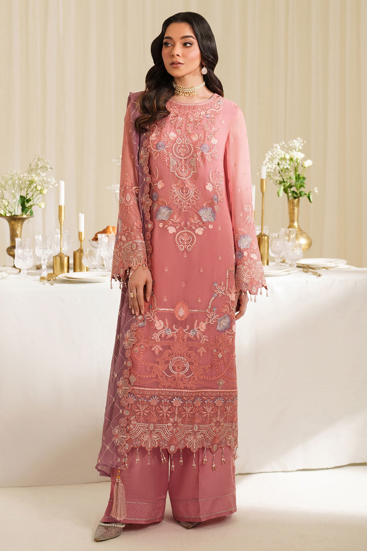 Tea Pink Embroidered Chiffon Salwar Kameez (3-Piece) - Image 1