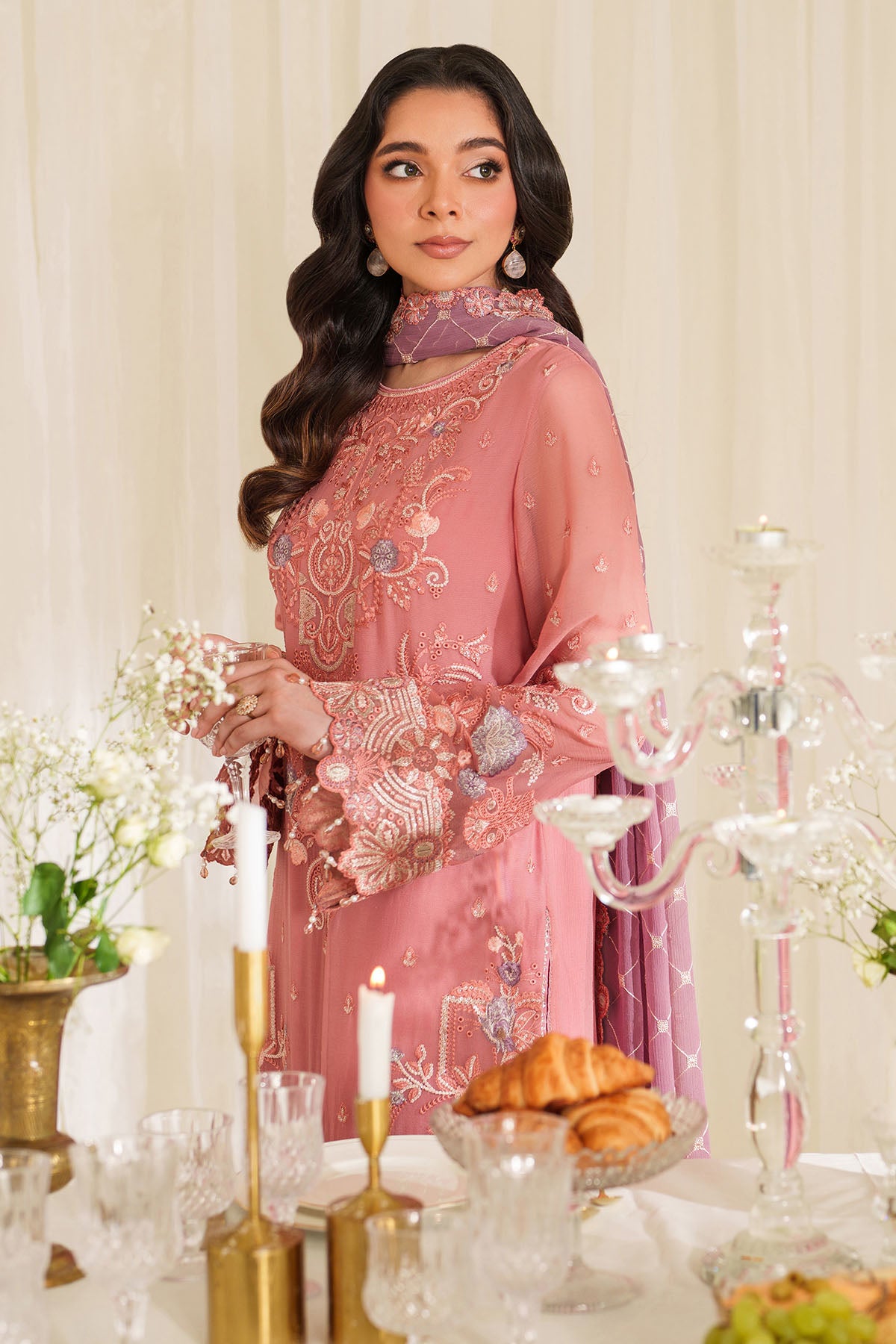 Tea Pink Embroidered Chiffon Salwar Kameez (3-Piece) - Image 2