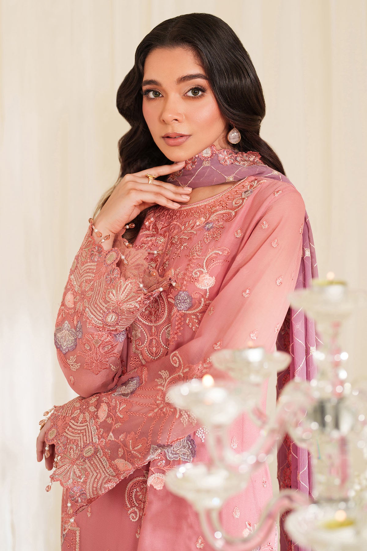 Tea Pink Embroidered Chiffon Salwar Kameez (3-Piece) - Image 4