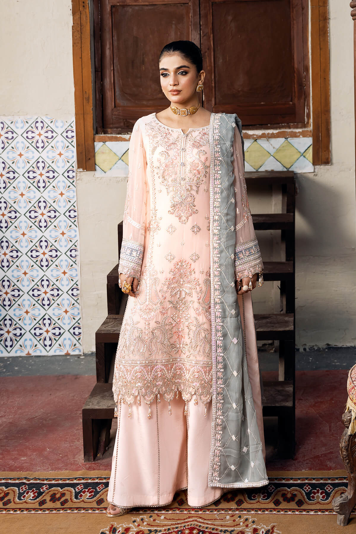 Pakistani Blush Pink Embroidered Chiffon Salwar Kameez (3-Piece) - Image 1