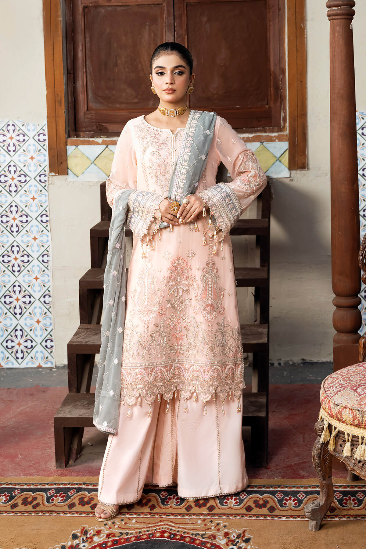 Pakistani Blush Pink Embroidered Chiffon Salwar Kameez (3-Piece) - Image 3