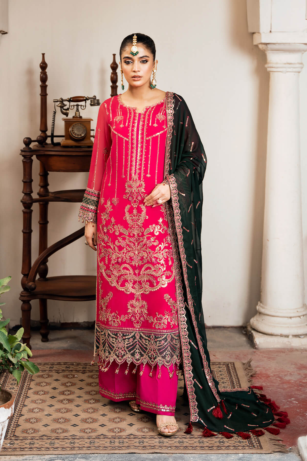 Fuchsia Embroidered Chiffon Salwar Kameez (3-Piece) - Image 1