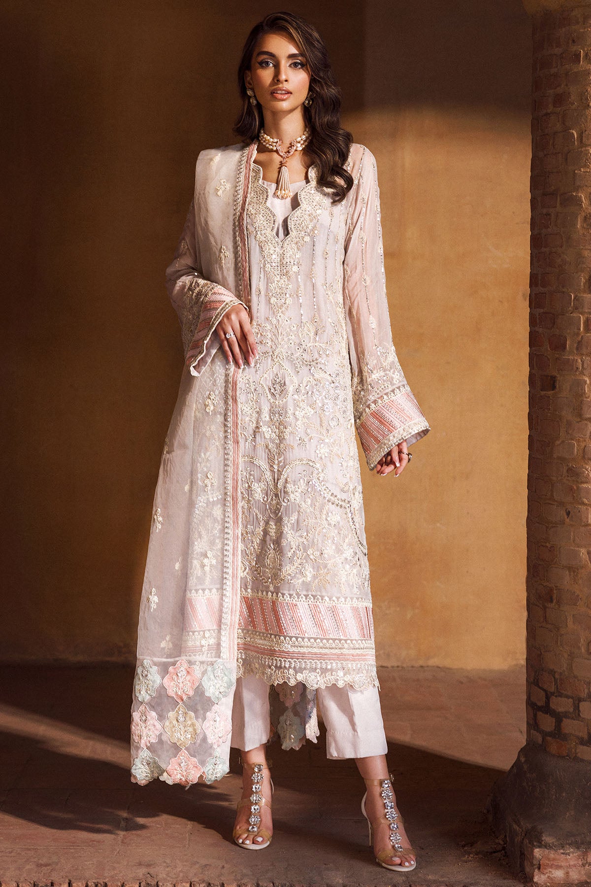 Pale Blush Embroidered Crinkle Chiffon Suit (3-Piece) - Image 1