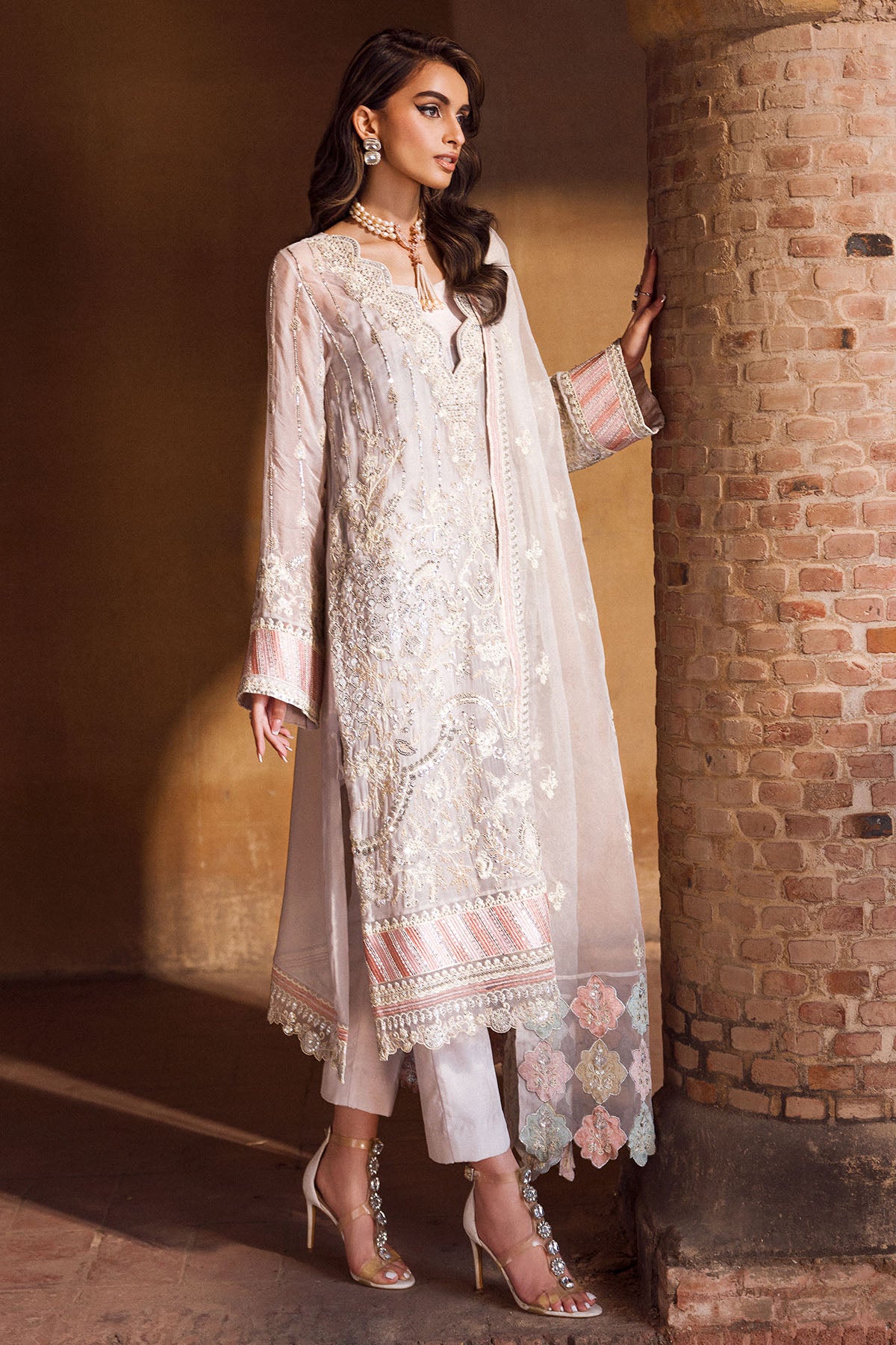 Pale Blush Embroidered Crinkle Chiffon Suit (3-Piece) - Image 2