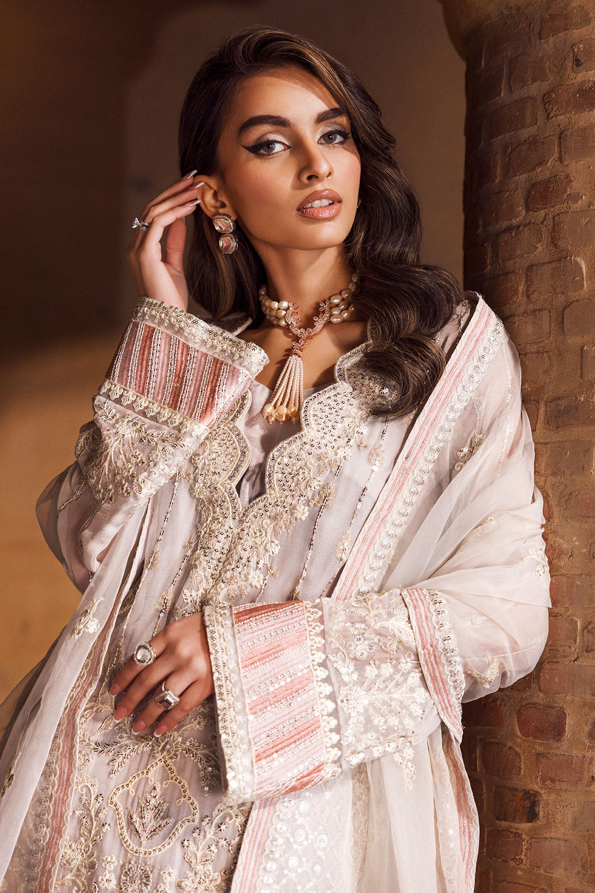 Pale Blush Embroidered Crinkle Chiffon Suit (3-Piece) - Image 3