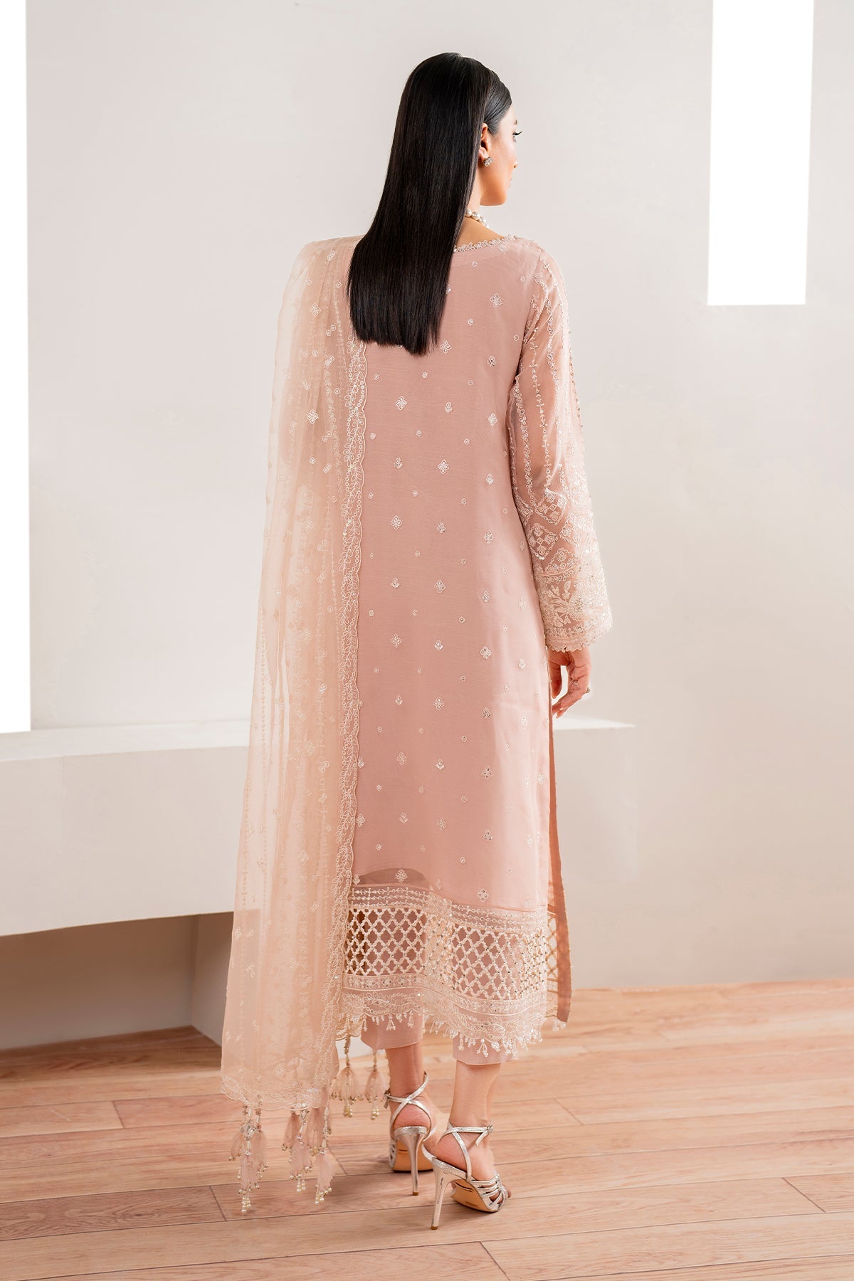 Pakistani Blush Pink Embroidered Chiffon Salwar Kameez (3-Piece) - Image 2