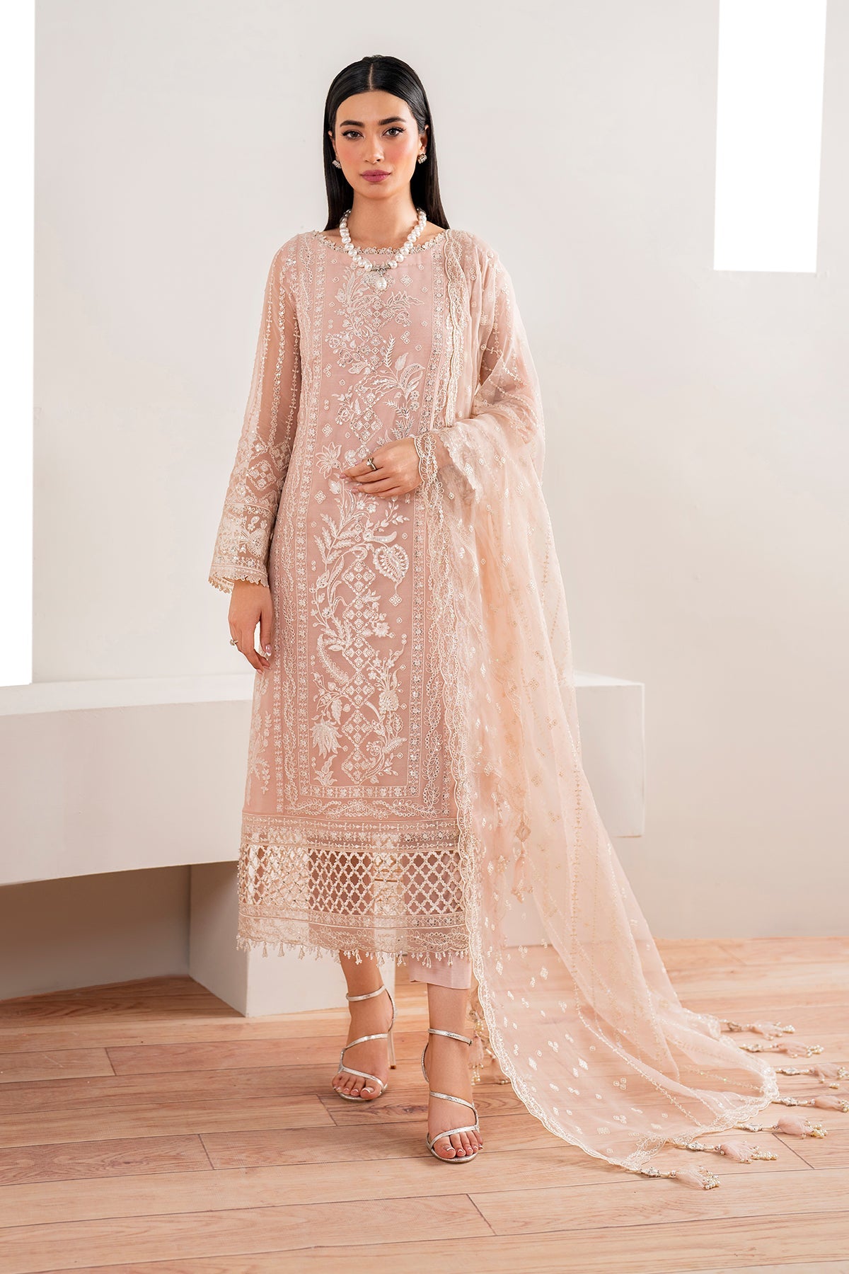 Pakistani Blush Pink Embroidered Chiffon Salwar Kameez (3-Piece) - Image 3