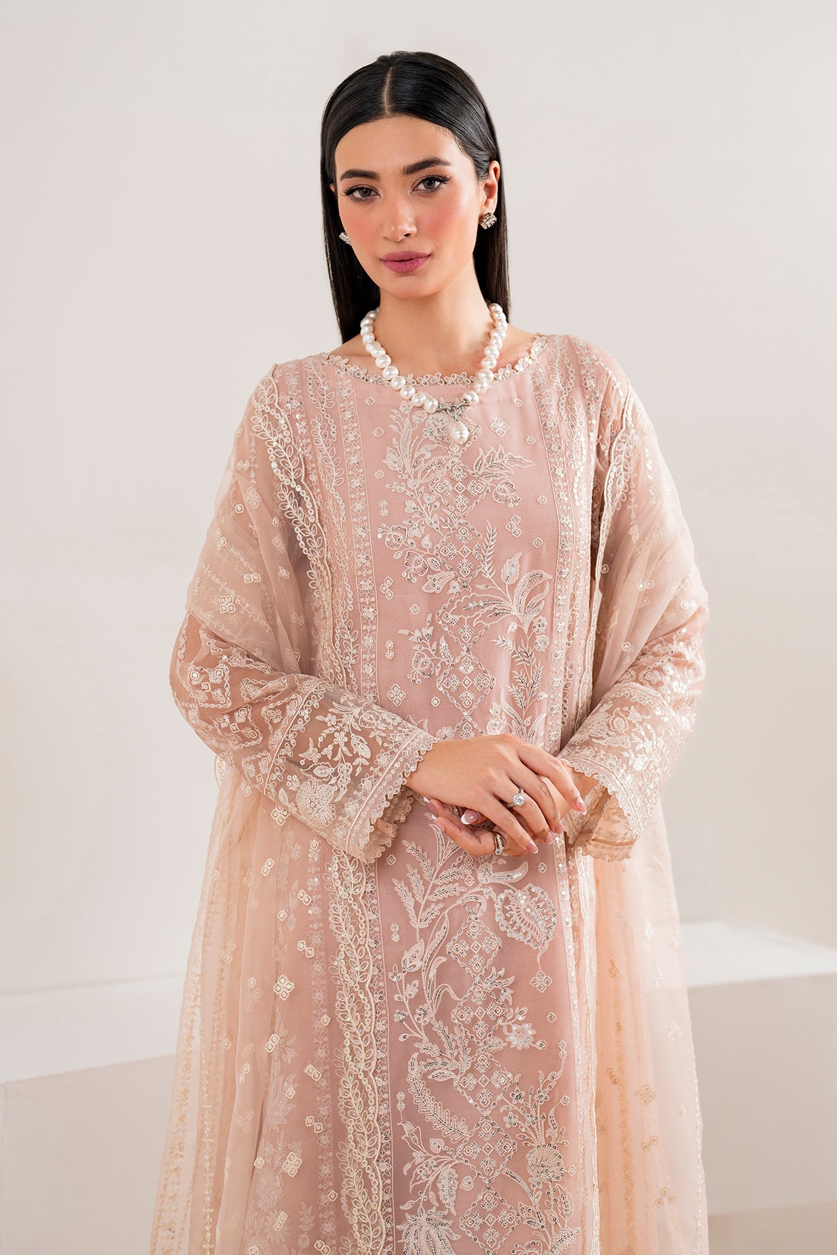 Pakistani Blush Pink Embroidered Chiffon Salwar Kameez (3-Piece) - Image 4