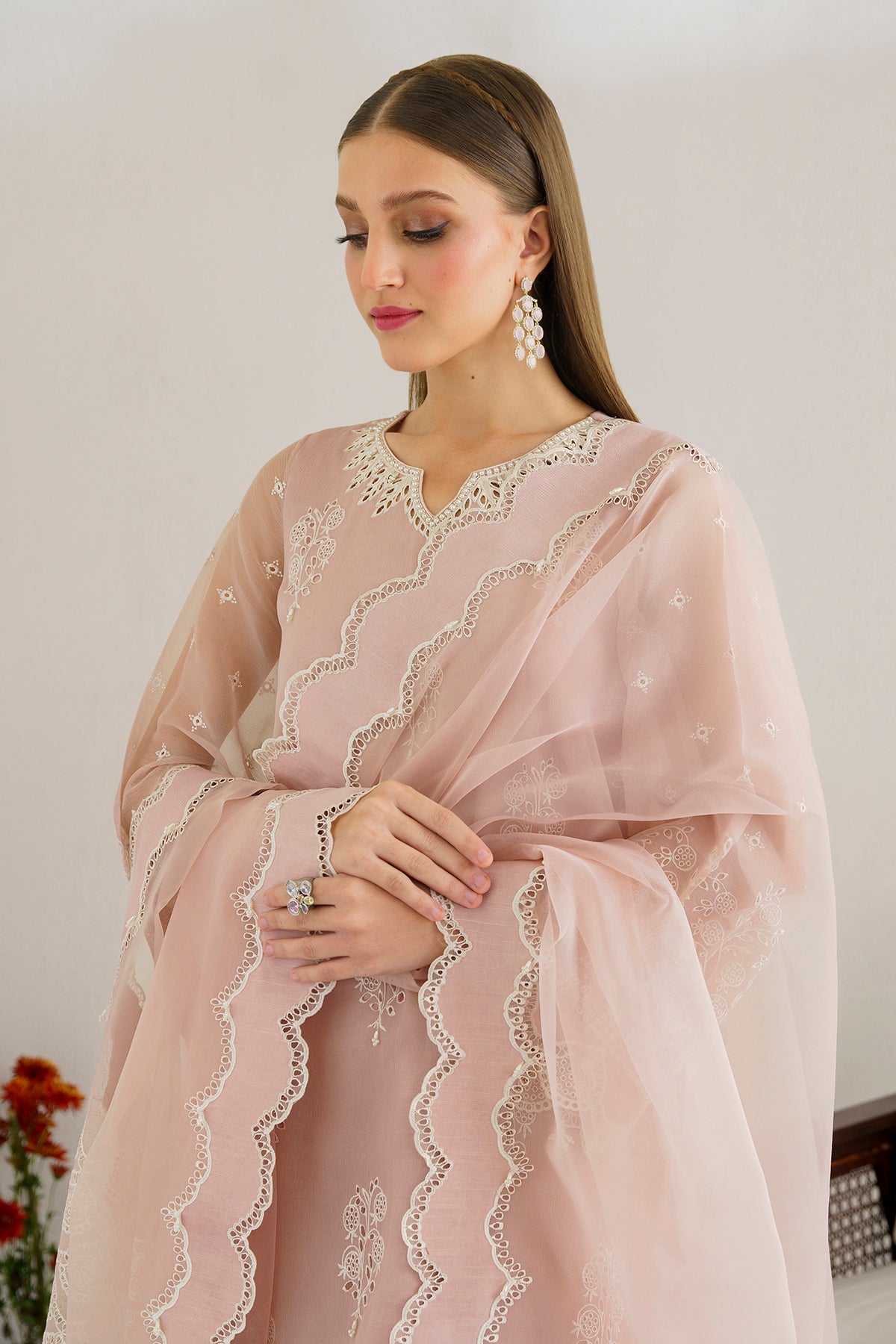 Blush Pink Embroidered Chiffon Salwar Kameez (3-Piece) - Image 4