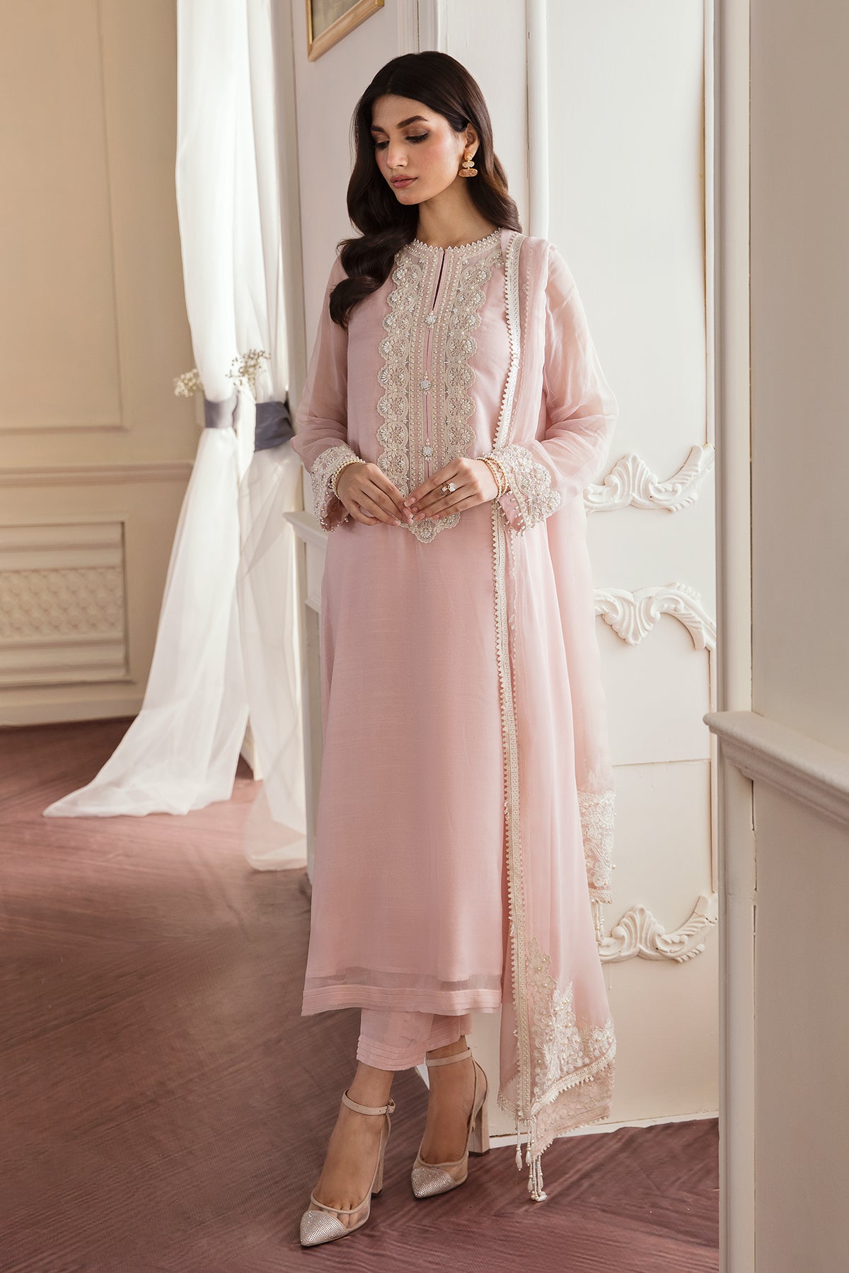 Pakistani Blush Pink Embroidered Chiffon Frock (3-Piece) - Image 1
