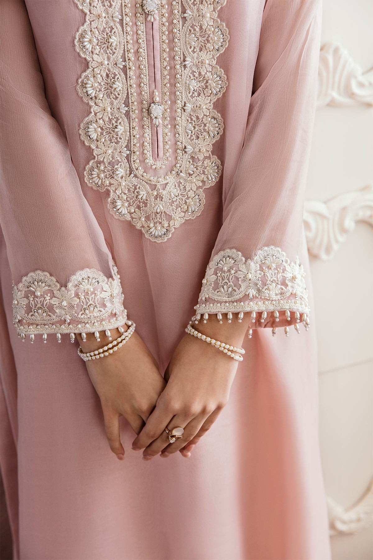 Pakistani Blush Pink Embroidered Chiffon Frock (3-Piece) - Image 3