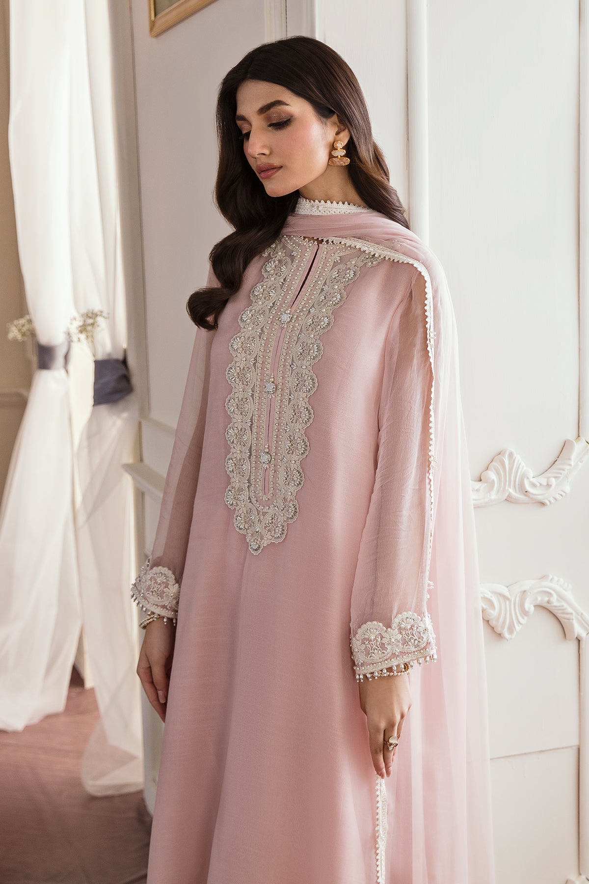 Pakistani Blush Pink Embroidered Chiffon Frock (3-Piece) - Image 5