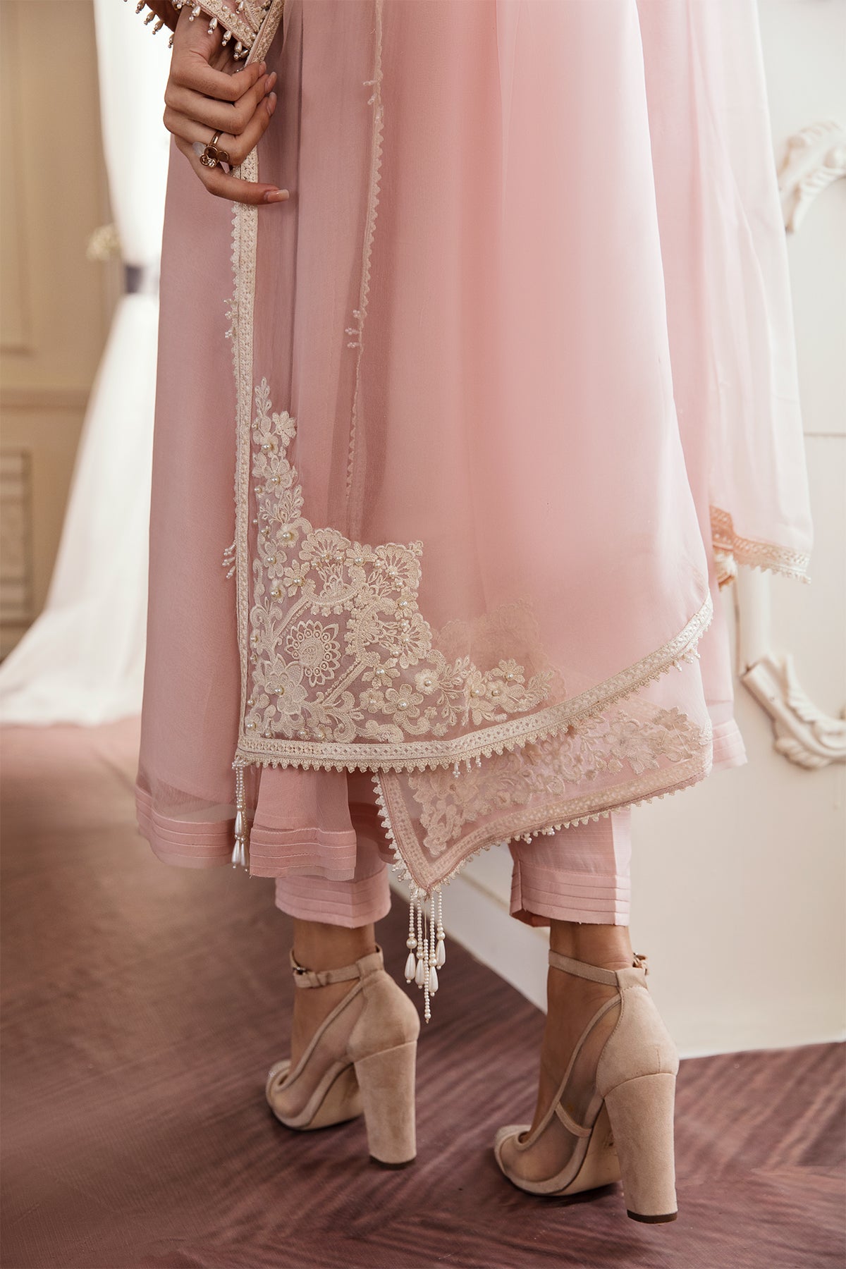 Pakistani Blush Pink Embroidered Chiffon Frock (3-Piece) - Image 7