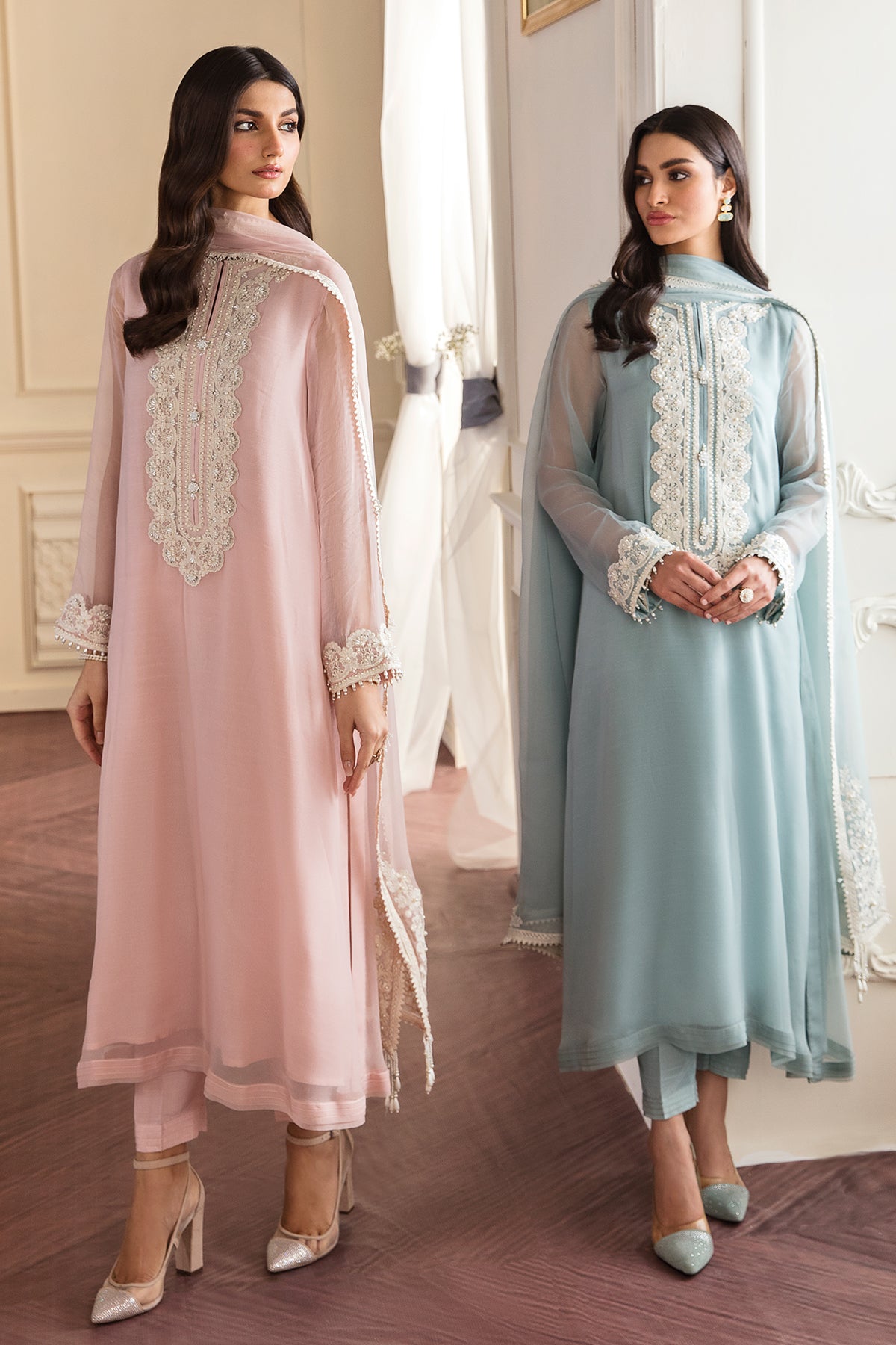 Pakistani Blush Pink Embroidered Chiffon Frock (3-Piece) - Image 8