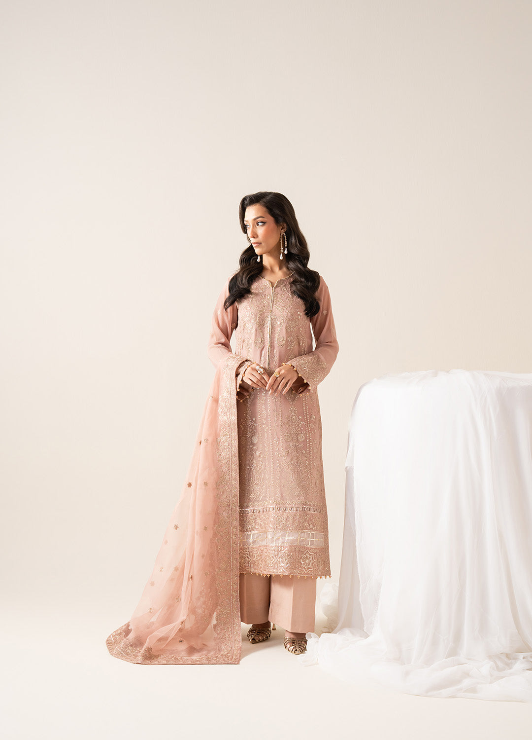 Pakistani Rose Quartz Embroidered Chiffon & Organza 3-Piece Suit - Image 5