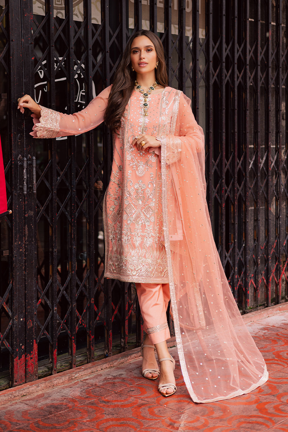 Pakistani Peach Embroidered Chiffon Organza 3-Piece Suit - Image 1