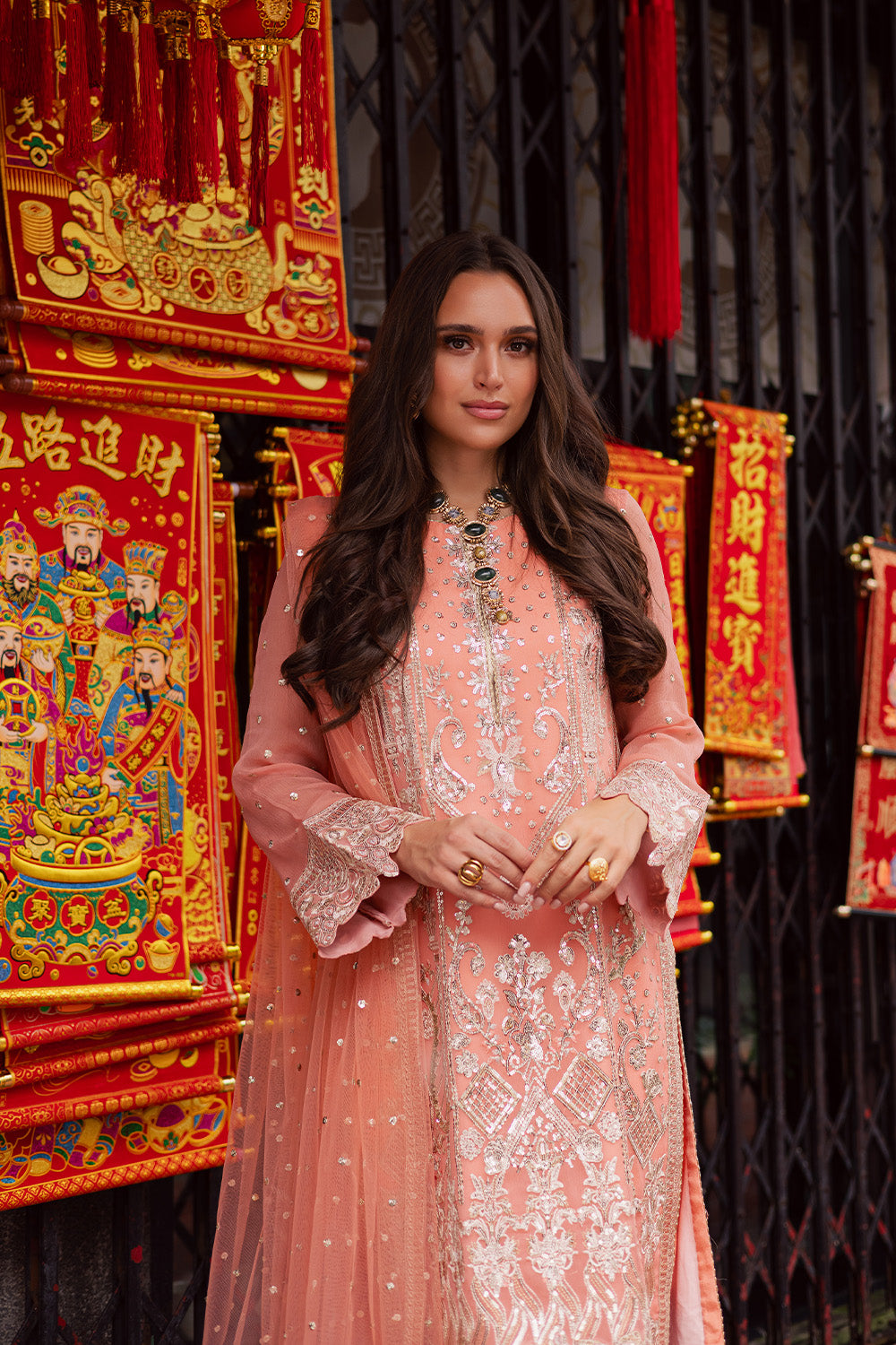 Pakistani Peach Embroidered Chiffon Organza 3-Piece Suit - Image 2