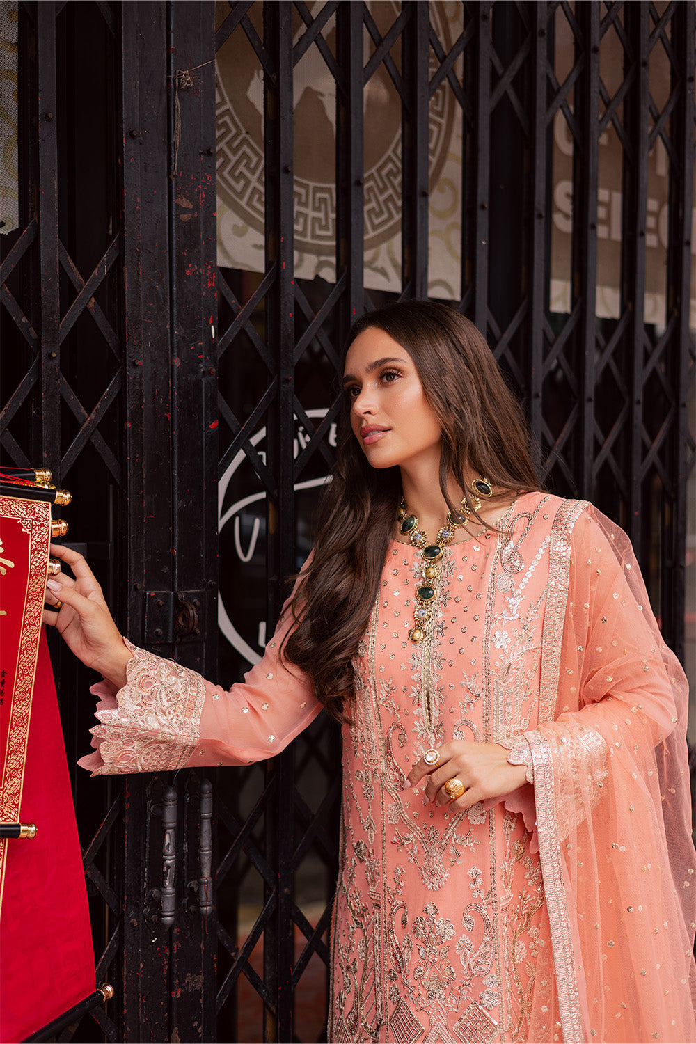 Pakistani Peach Embroidered Chiffon Organza 3-Piece Suit - Image 4