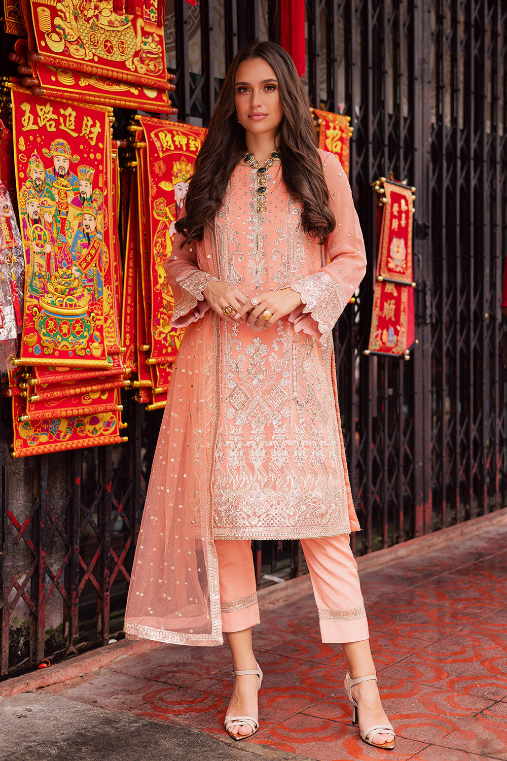 Pakistani Peach Embroidered Chiffon Organza 3-Piece Suit - Image 5