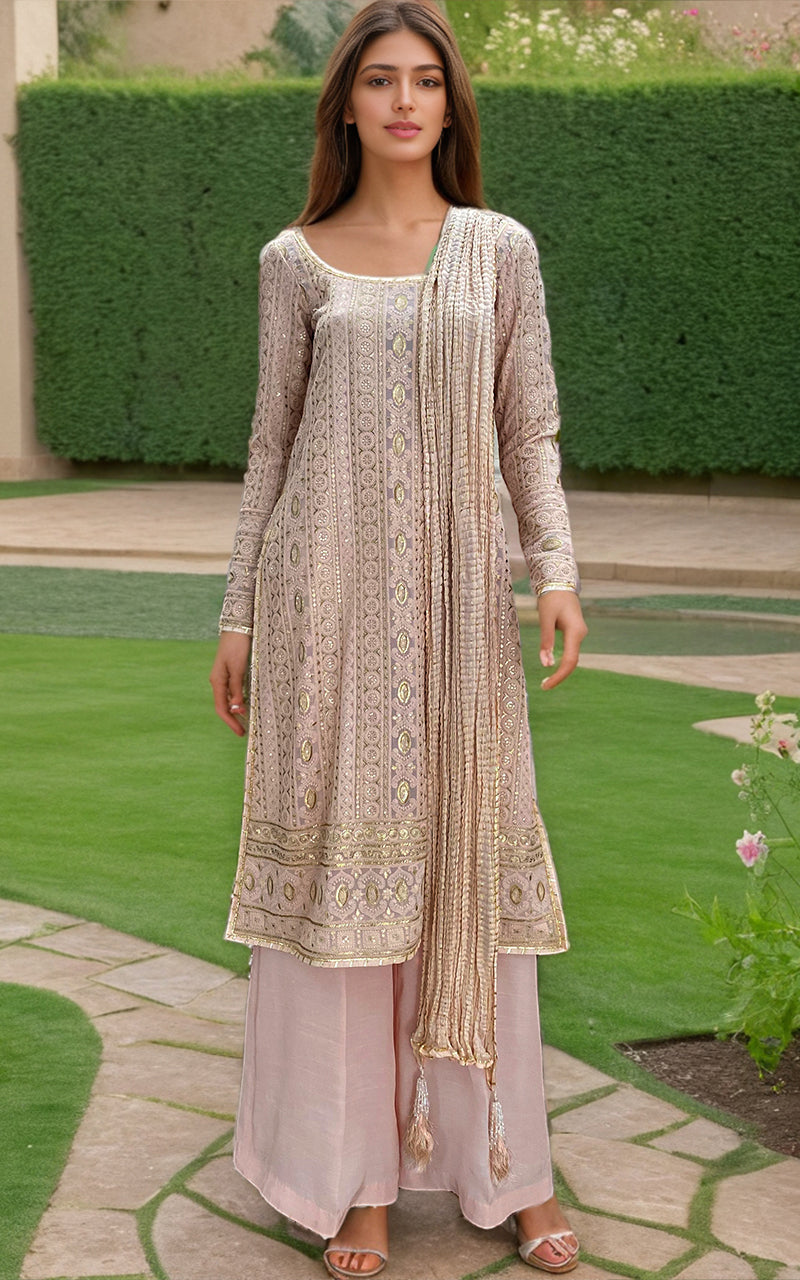 Blush Embroidered Chiffon Salwar Kameez (3-Piece) - Image 1