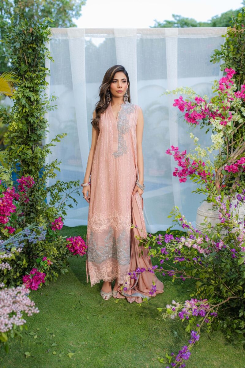 Tea Pink Embroidered Long Shirt with Chiffon Dupatta (3-Piece) - Image 1