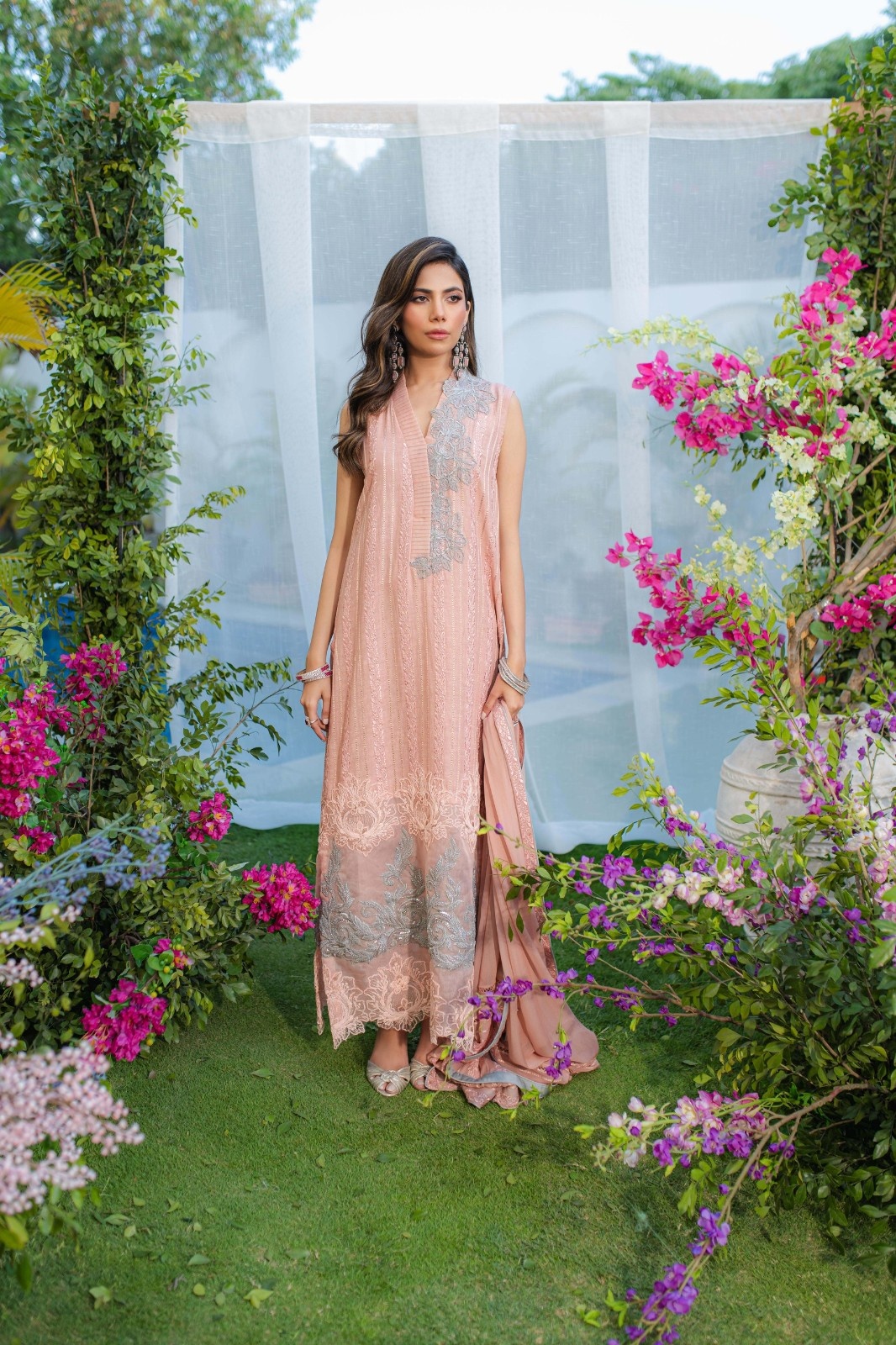 Tea Pink Embroidered Long Shirt with Chiffon Dupatta (3-Piece) - Image 2