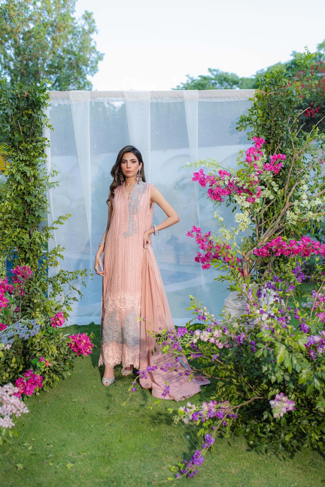 Tea Pink Embroidered Long Shirt with Chiffon Dupatta (3-Piece) - Image 3