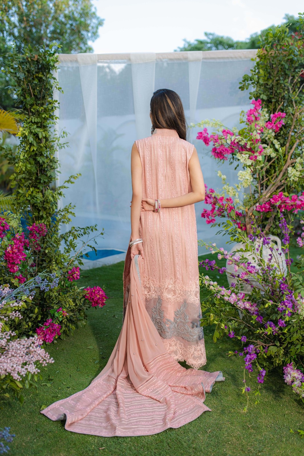 Tea Pink Embroidered Long Shirt with Chiffon Dupatta (3-Piece) - Image 5