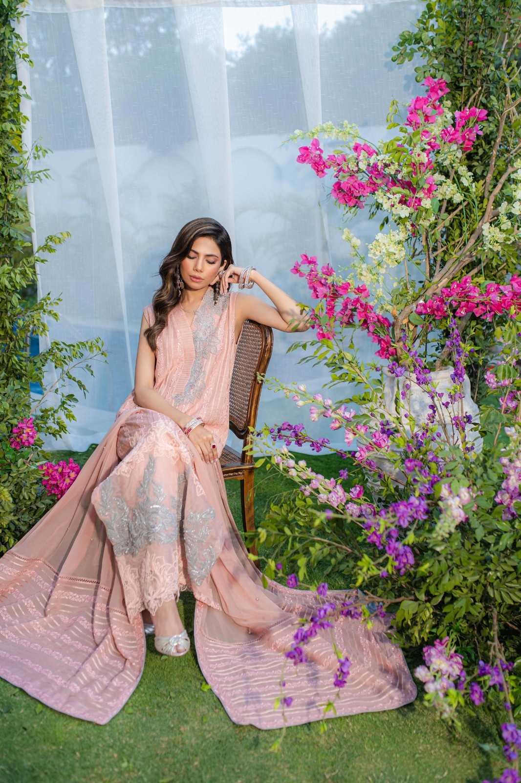Tea Pink Embroidered Long Shirt with Chiffon Dupatta (3-Piece) - Image 6