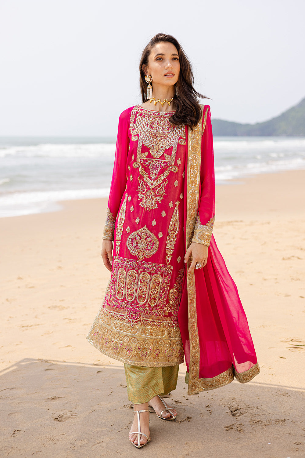 Fuchsia Pink Embroidered Chiffon & Jamawar Suit (3-Piece) - Image 1