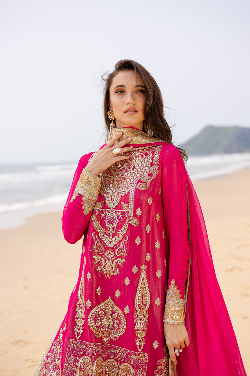 Fuchsia Pink Embroidered Chiffon & Jamawar Suit (3-Piece) - Image 2