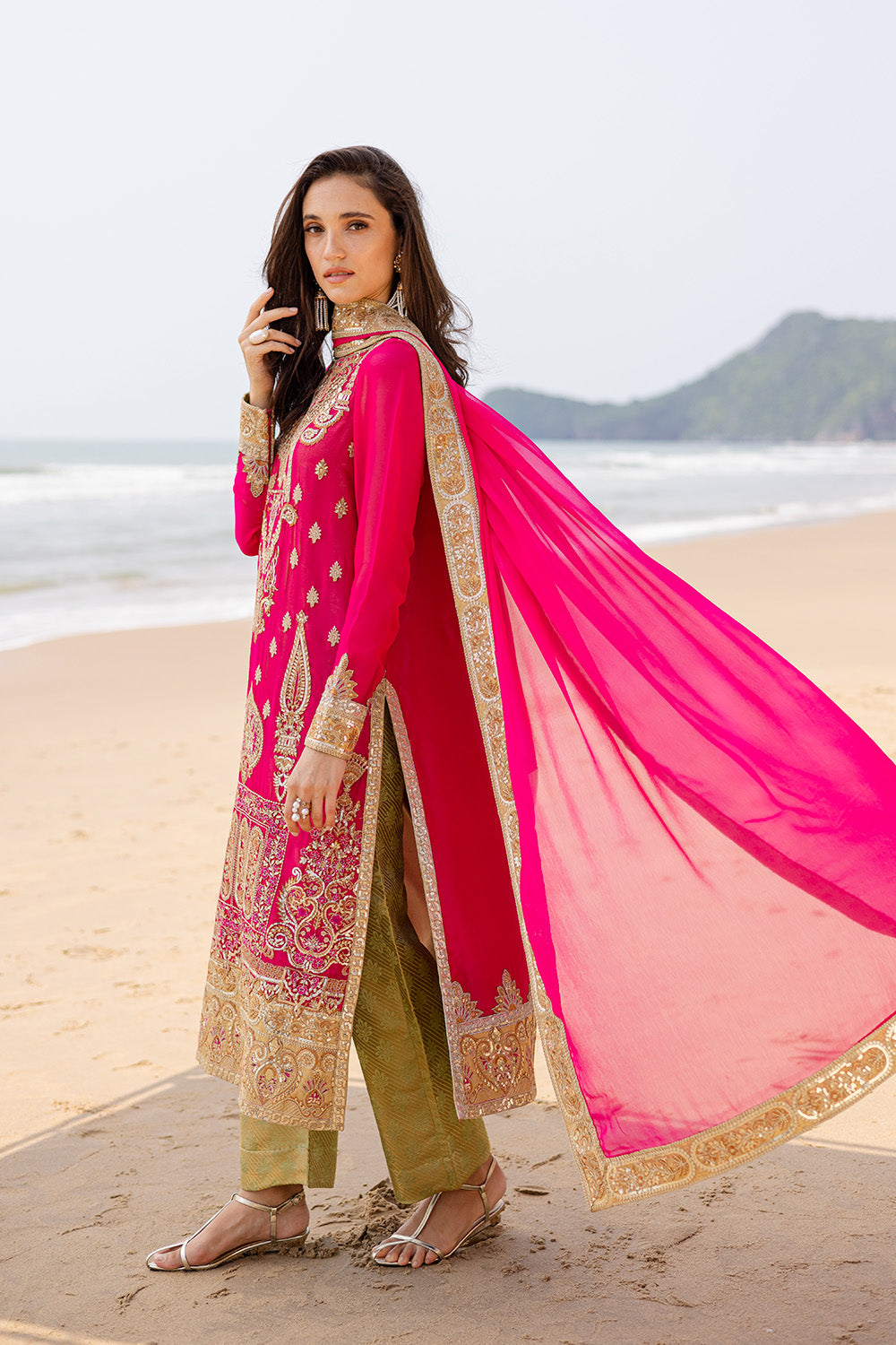 Fuchsia Pink Embroidered Chiffon & Jamawar Suit (3-Piece) - Image 4