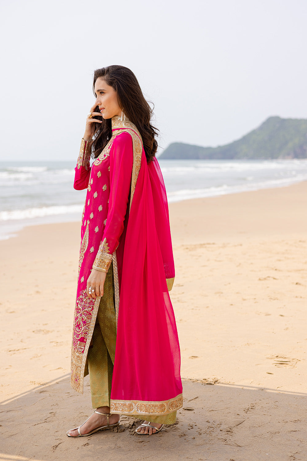 Fuchsia Pink Embroidered Chiffon & Jamawar Suit (3-Piece) - Image 5