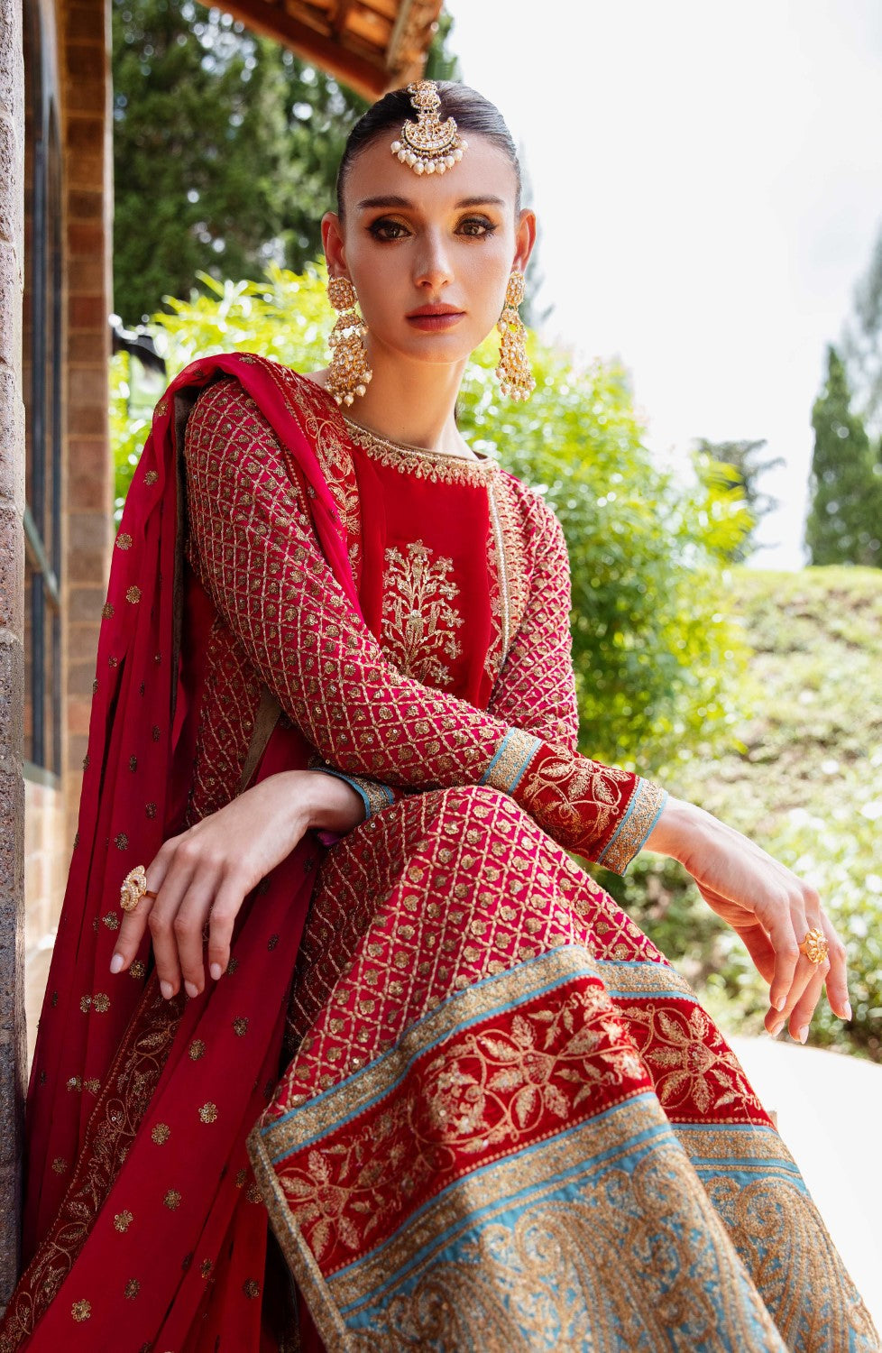 Pakistani Bright Rose Embroidered Chiffon & Velvet Salwar Kameez (3-Piece) - Image 1