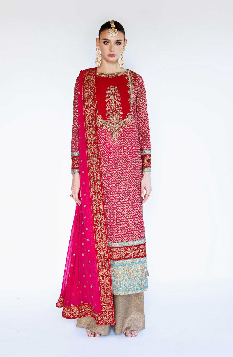 Pakistani Bright Rose Embroidered Chiffon & Velvet Salwar Kameez (3-Piece) - Image 3