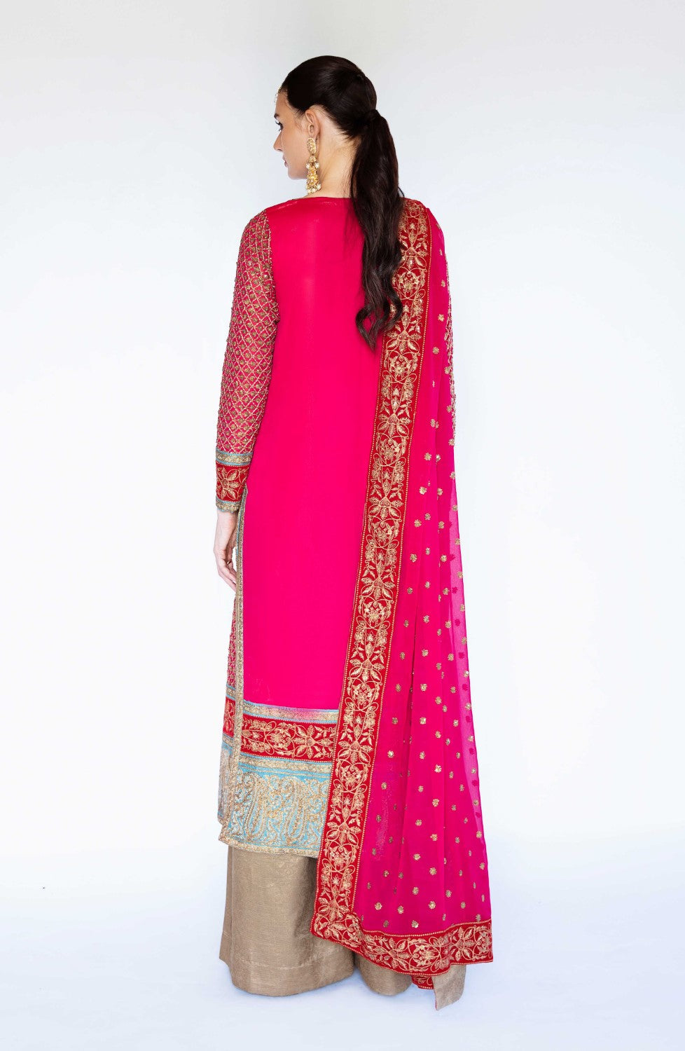 Pakistani Bright Rose Embroidered Chiffon & Velvet Salwar Kameez (3-Piece) - Image 4