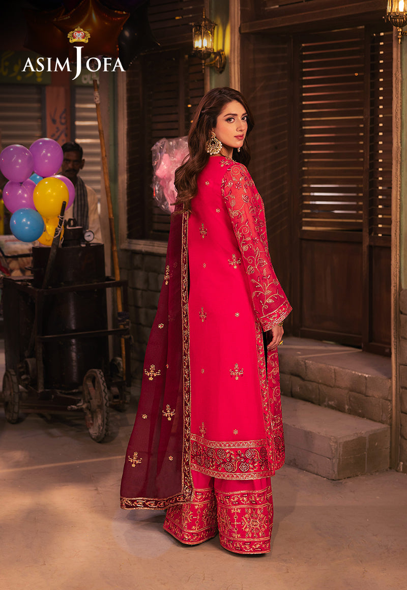 Pakistani Hot Pink Embroidered Chiffon & Silk 3-Piece Suit - Image 2