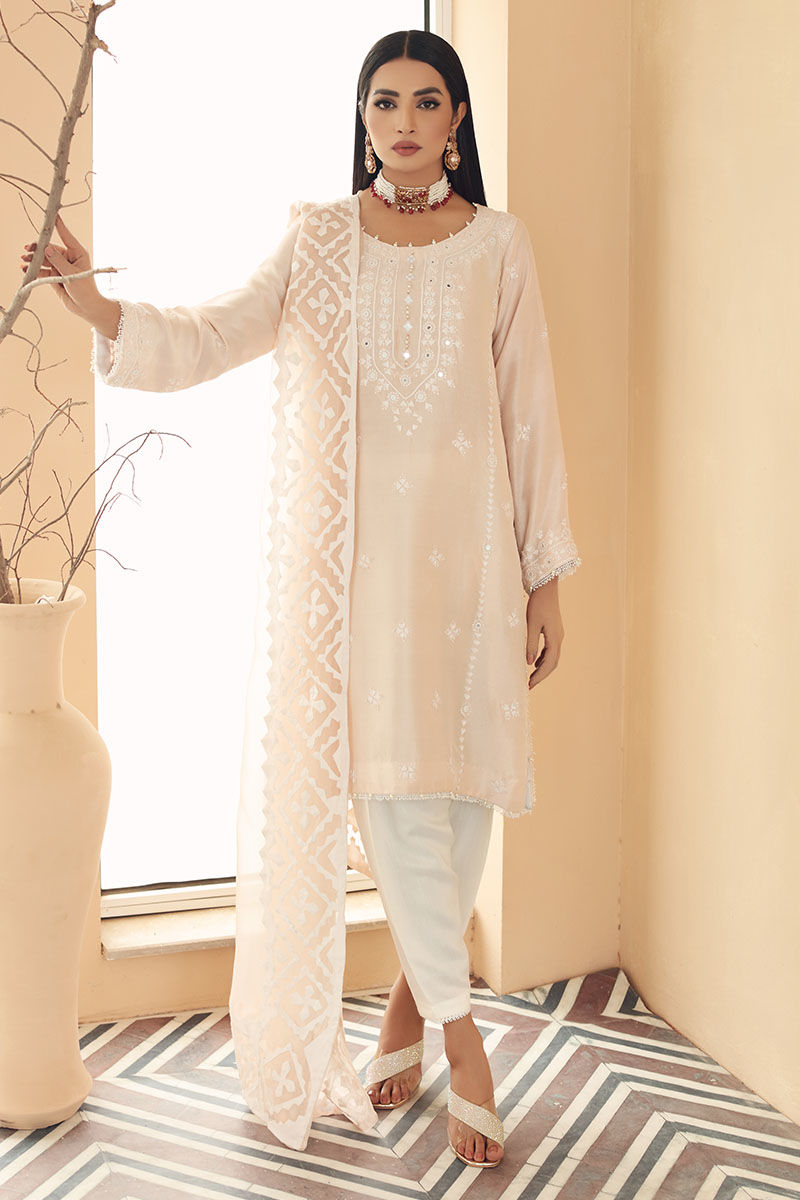 Pakistani Peach Pink Hand-Embroidered Cotton Salwar Kameez (3-Piece) - Image 1