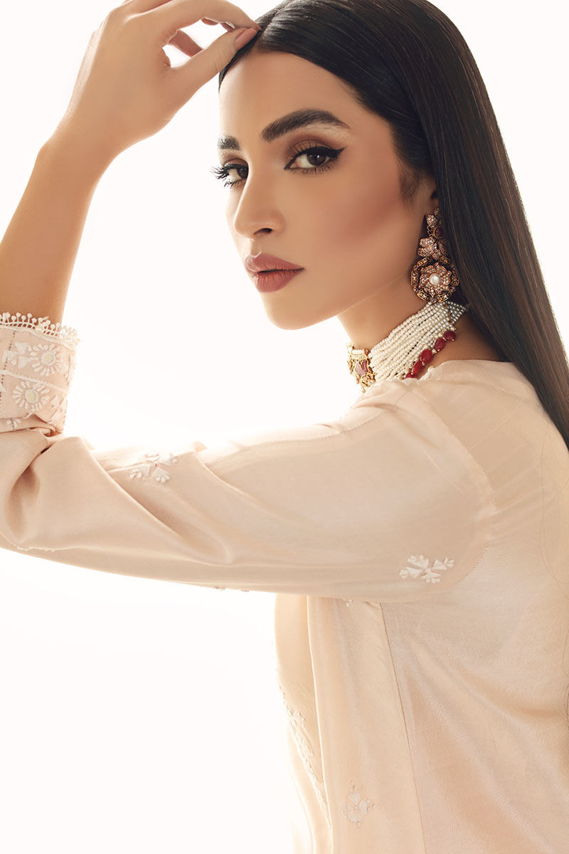 Pakistani Peach Pink Hand-Embroidered Cotton Salwar Kameez (3-Piece) - Image 8