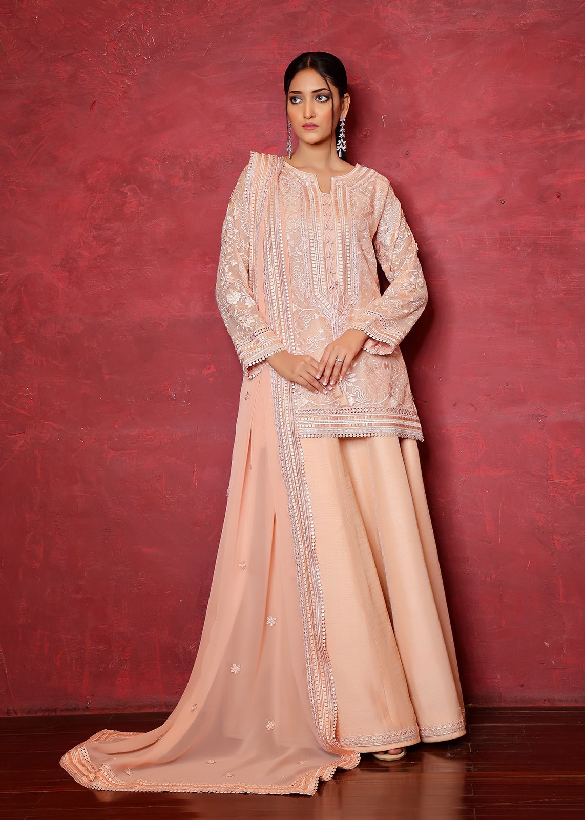 Pakistani Pink Chikan Embroidered Cotton Net Kurta & Dupatta (2-Piece) - Image 1