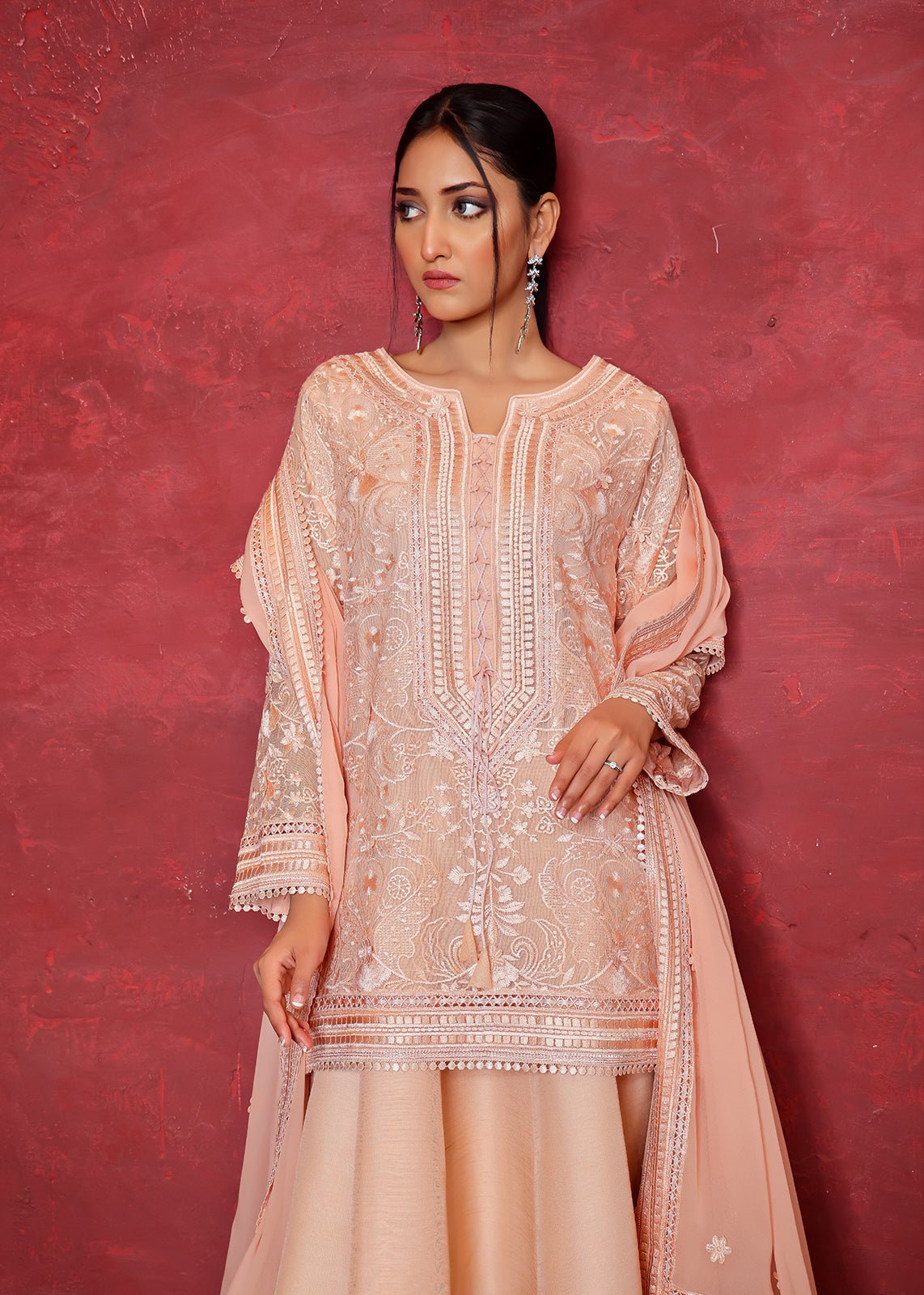 Pakistani Pink Chikan Embroidered Cotton Net Kurta & Dupatta (2-Piece) - Image 3